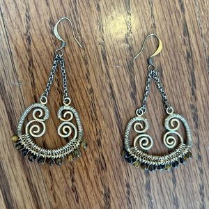 Gold Dangly Earrings with Brown Beads